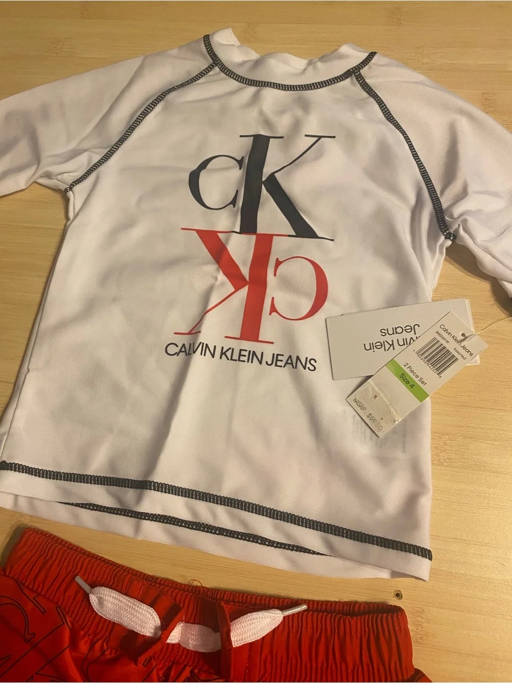 New Calvin Klein Boys Swim 2 piece Set Trunks Shirt Toddler Red White